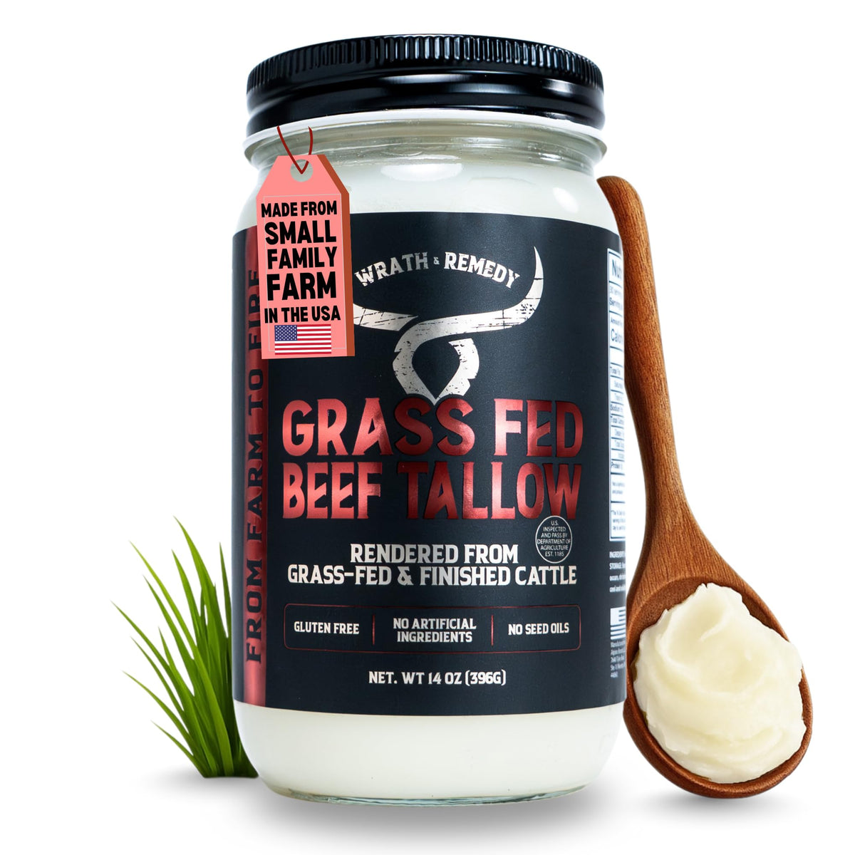 Wrath & Remedy beef tallow 14oz packaging highlights pasture-raised quality for clean cooking.