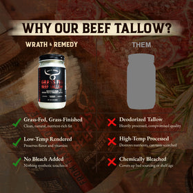 Wrath & Remedy beef tallow jar closeup, emphasizing rich texture for sautéing.