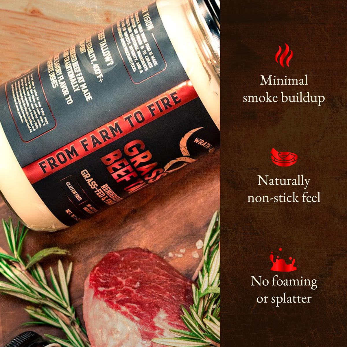 Wrath & Remedy kitchen setup ingredients, featuring pure beef fat ideal for roasting.