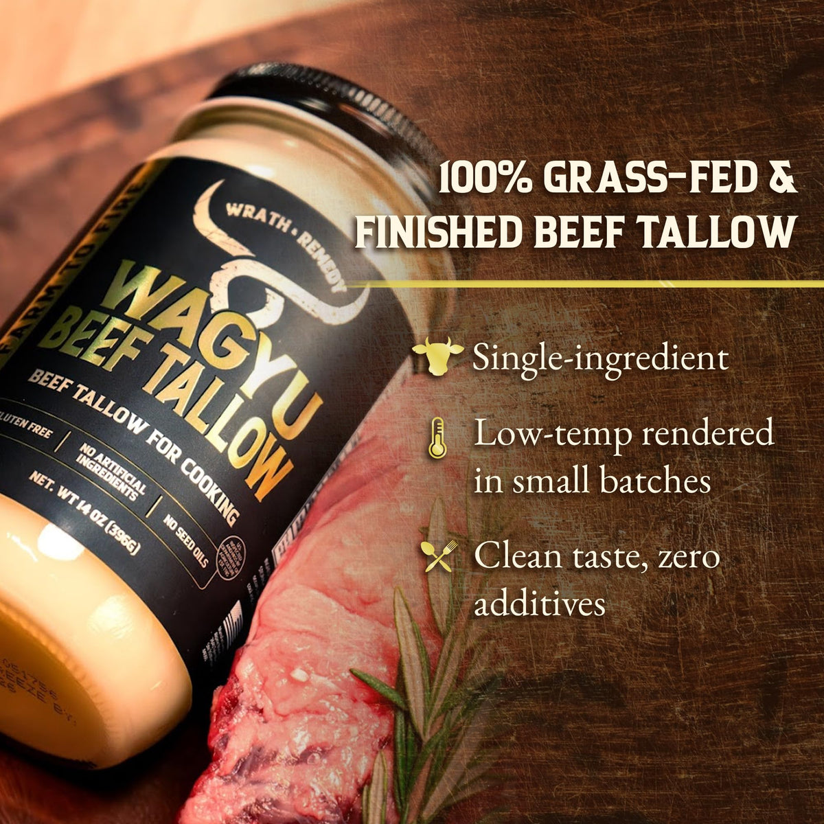 Wrath & Remedy Wagyu Tallow jar ready for flavorful cooking