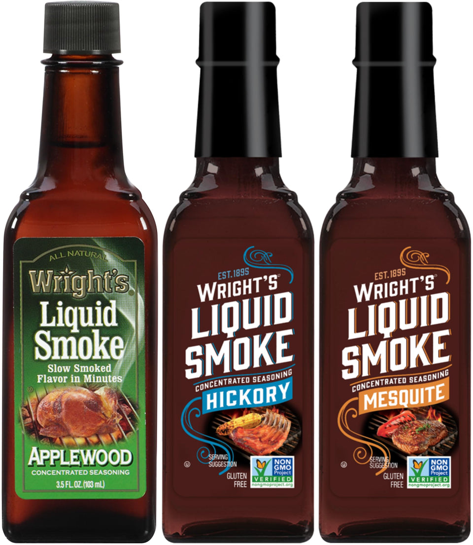 Wright's Liquid Smoke Applewood bottle; enhances grilled chicken with smoky flavor