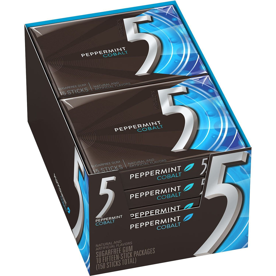 Front view of Wrigley's 5 Cobalt Peppermint Sugar Free Gum box for quick, on-the-go freshness