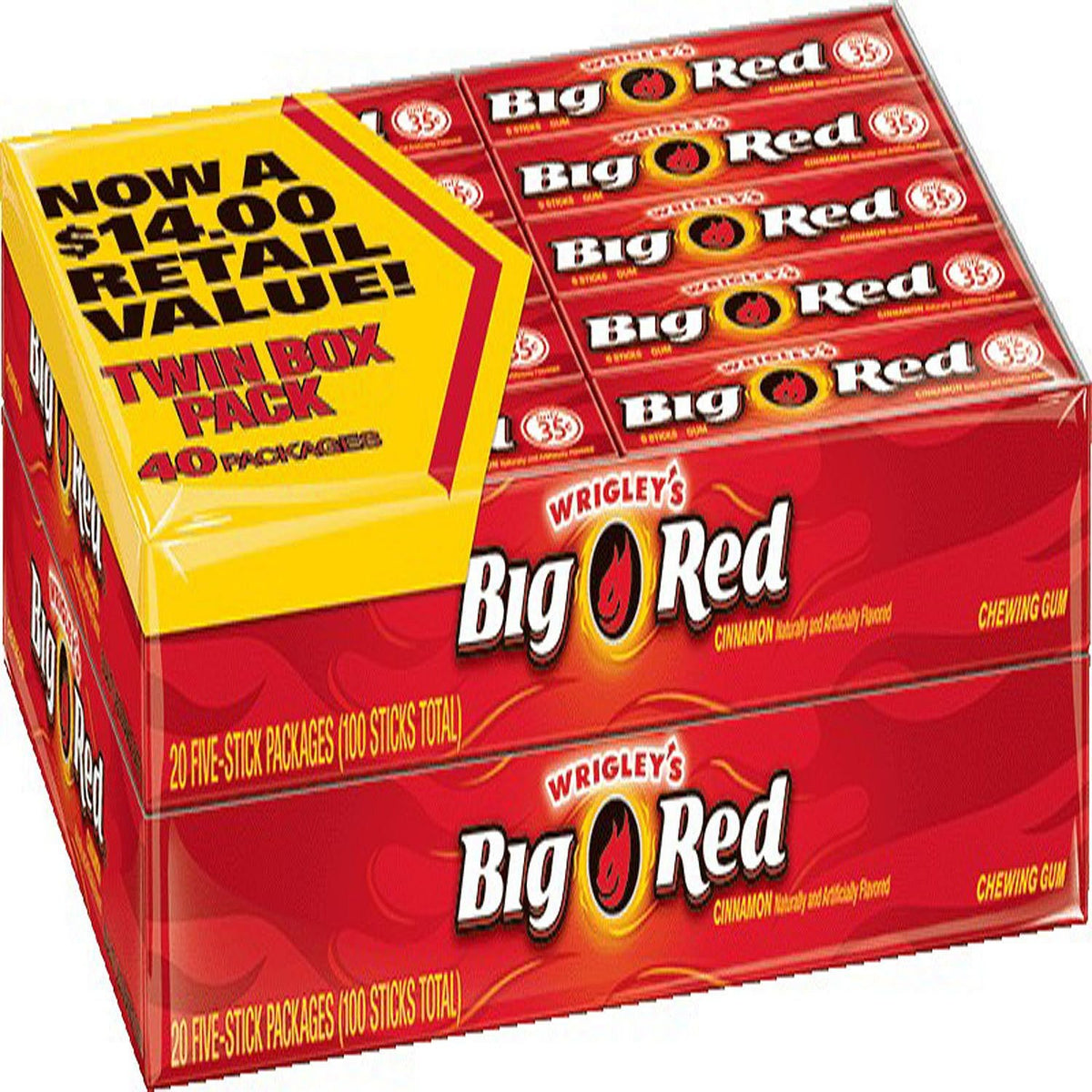 Wrigley's Big Red cinnamon gum 40-pack with five-stick packs for fresh breath on the go.