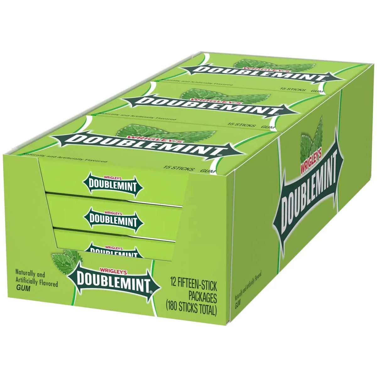 Wrigley's Doublemint gum pack front shows a 15-count box for fresh breath on the go.