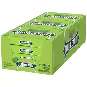 Wrigley's Doublemint gum pack front shows a 15-count box for fresh breath on the go.