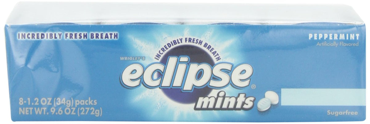 Close-up of Wrigley's Eclipse Mints Peppermint pack highlighting sugar-free freshness.