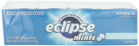 Close-up of Wrigley's Eclipse Mints Peppermint pack highlighting sugar-free freshness.