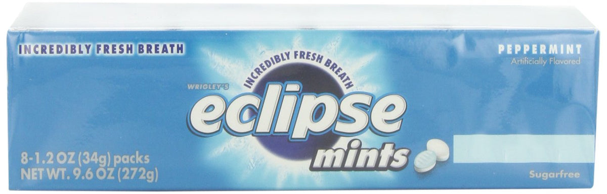 Wrigley's Eclipse Mints Peppermint pack shows sugar-free label for guilt-free refresh.