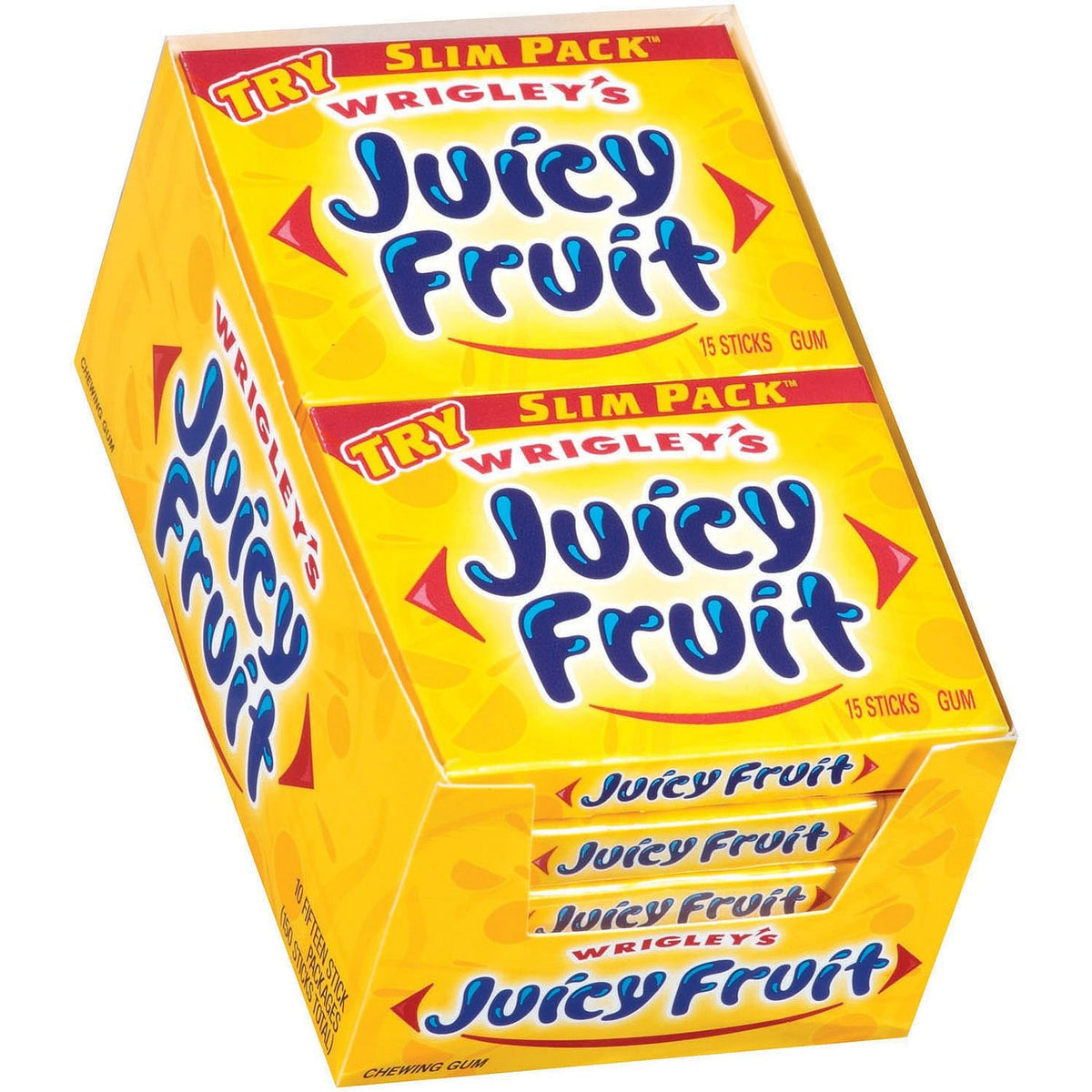 Wrigley's Juicy Fruit Gum pack front features bright yellow design for quick spot-and-go refresh.