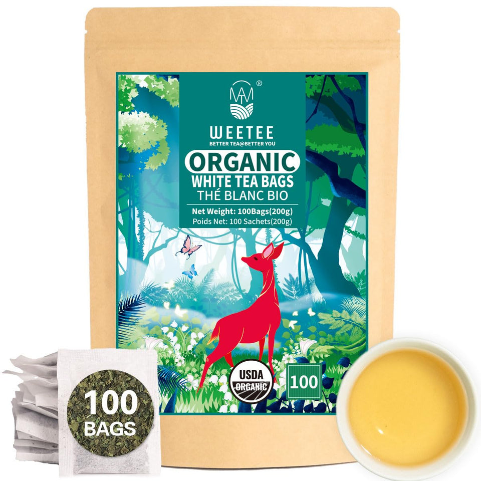 WT WEETEE Organic White Tea Bags in a 100-count box for smooth daily sipping.