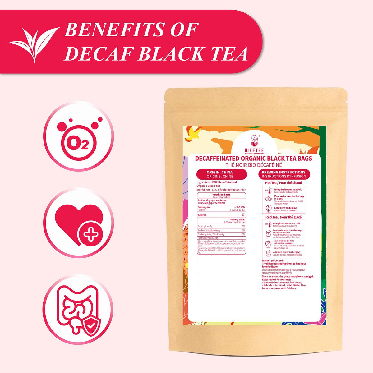 100-count WT WEETEE decaf black tea bags in kraft packaging