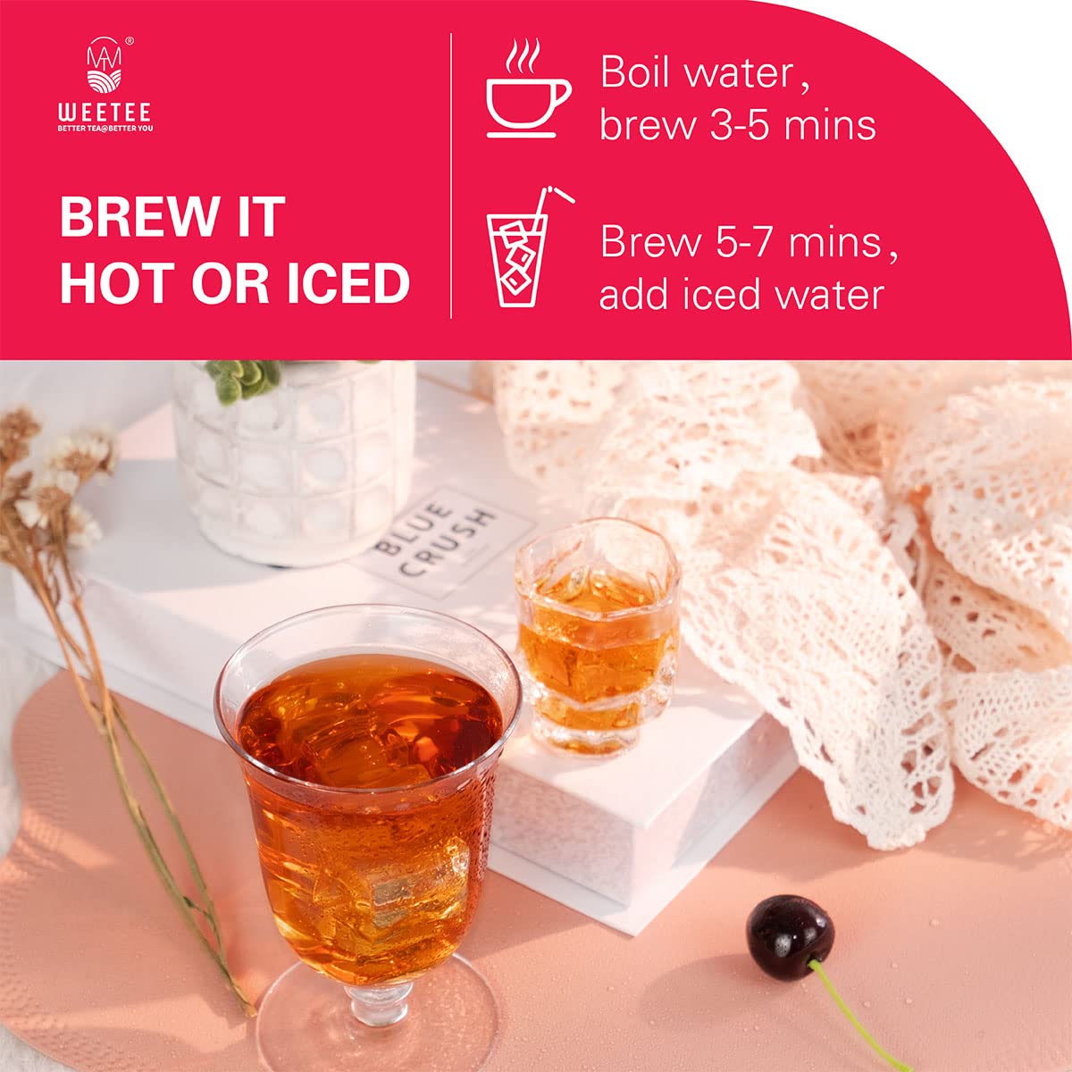 Bright red brew color in cup from WT WEETEE organic decaf black tea