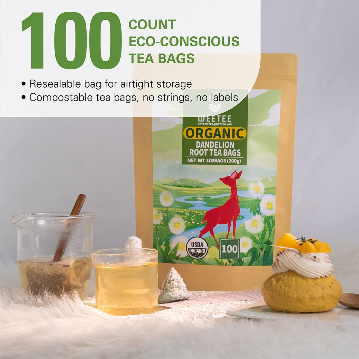 WT WEETEE dandelion tea bags open with visible leaves ready to steep