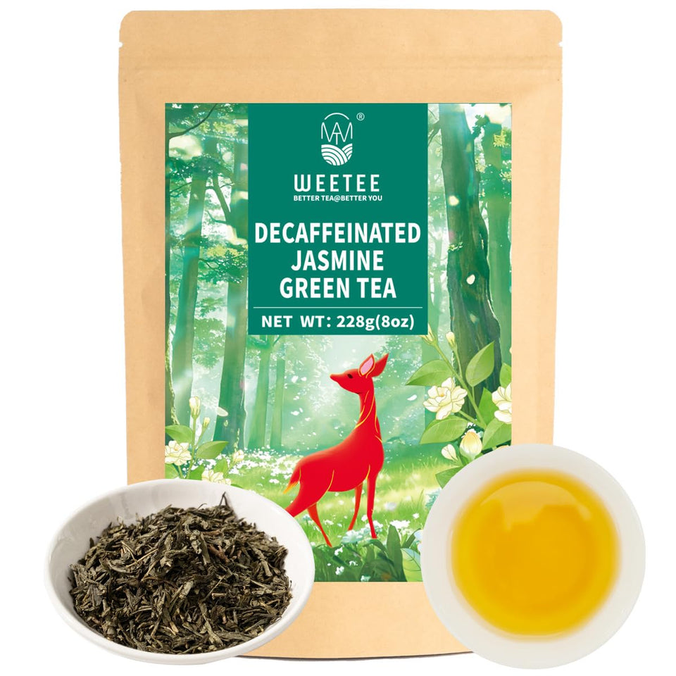 WT WEETEE decaf jasmine green tea front label showing caffeine-free serenity and jasmine notes