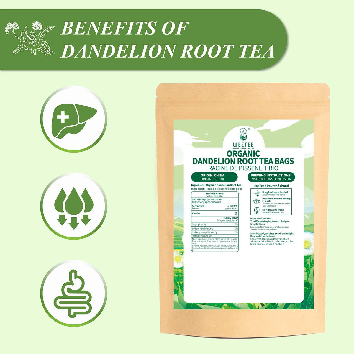 WT WEETEE ingredient label highlighting organic, pure dandelion root