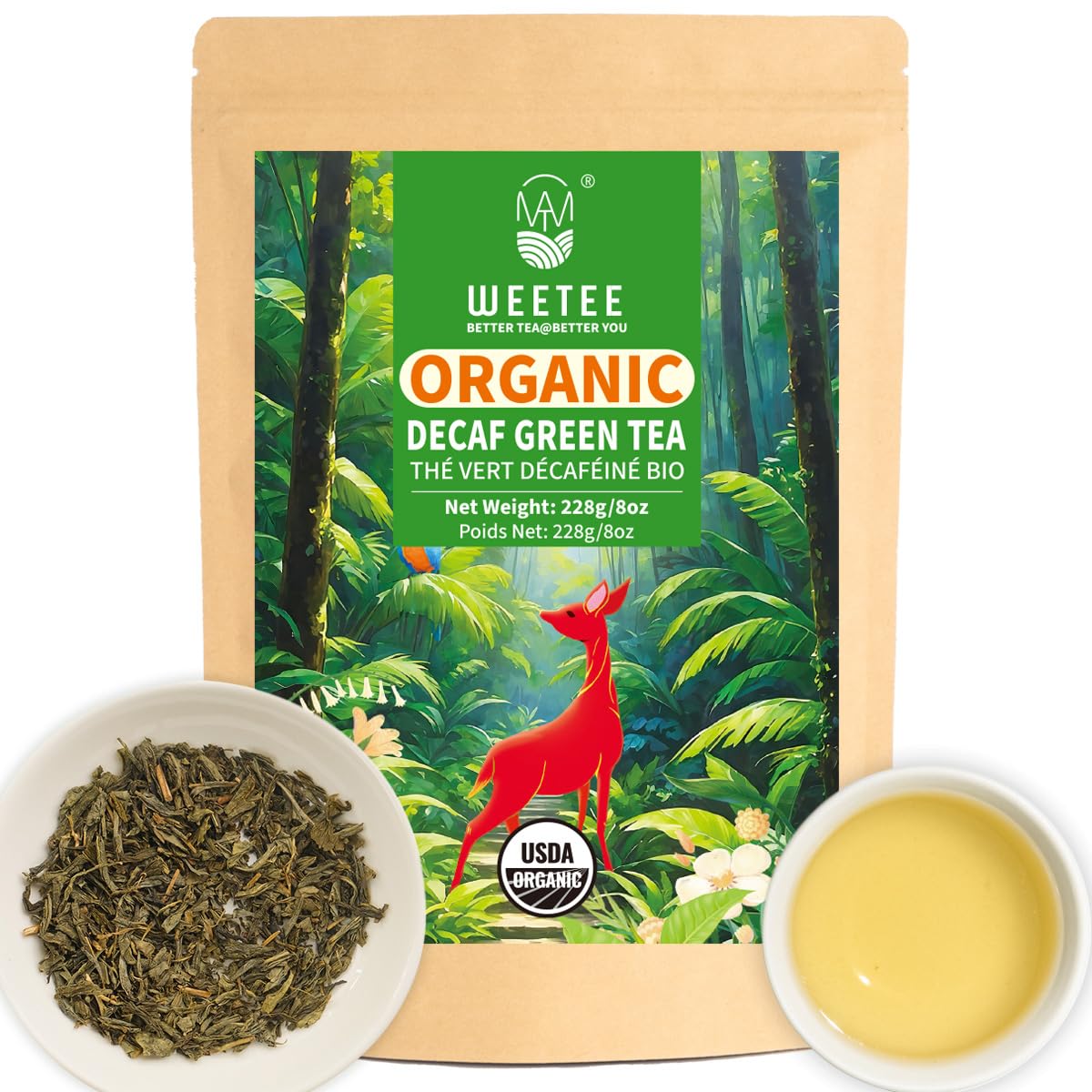 WT WEETEE Organic Decaf Green Tea leaves for flavor without caffeine