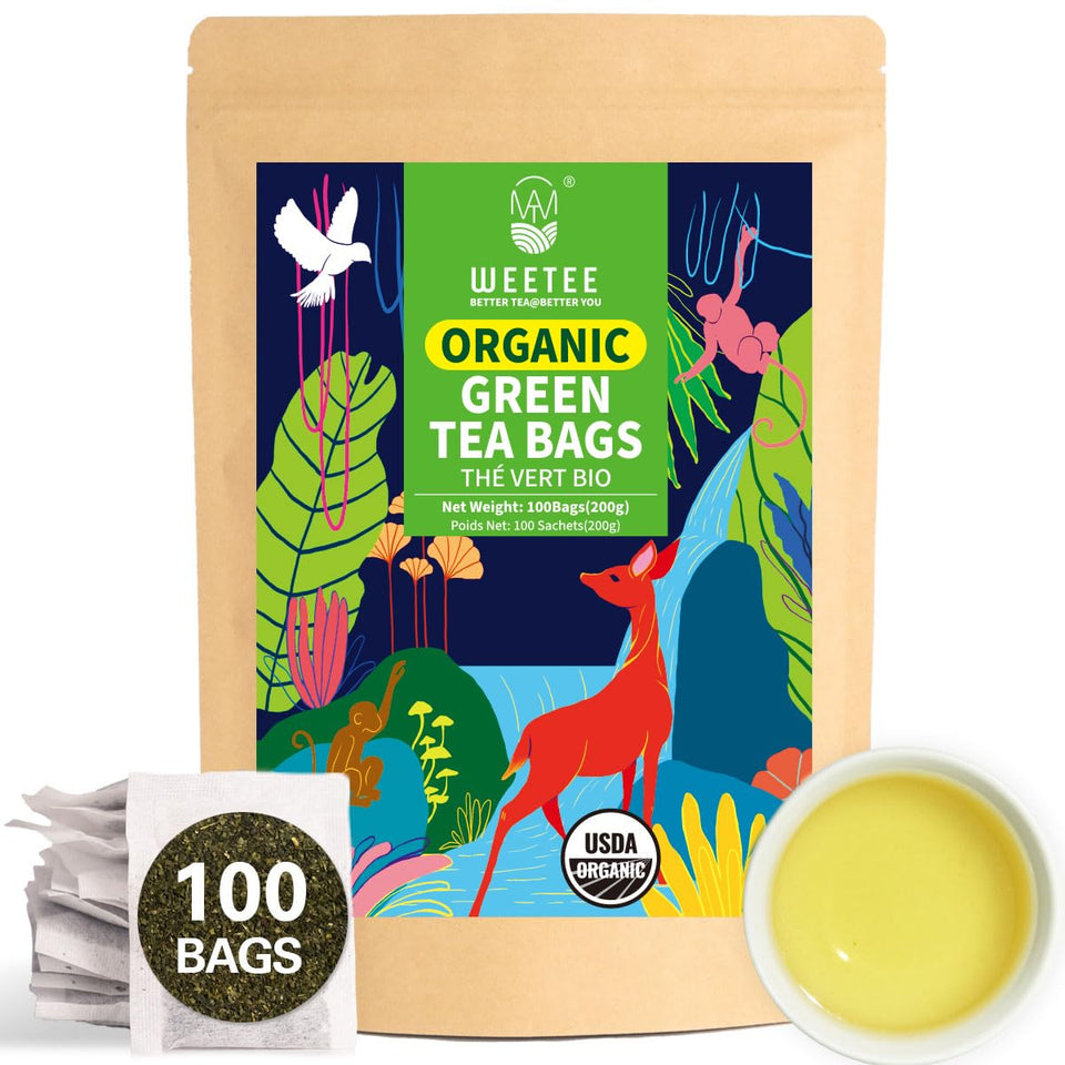 WT WEETEE organic green tea bags in a resealable kraft bag for freshness.