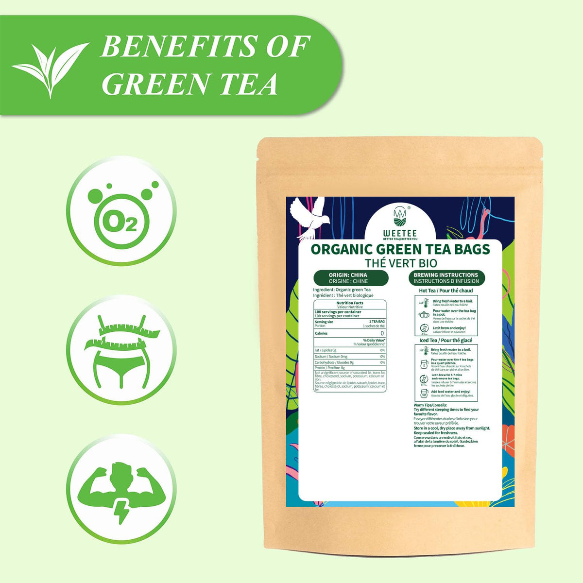 WT WEETEE organic green tea packaging with natural leaf motif.