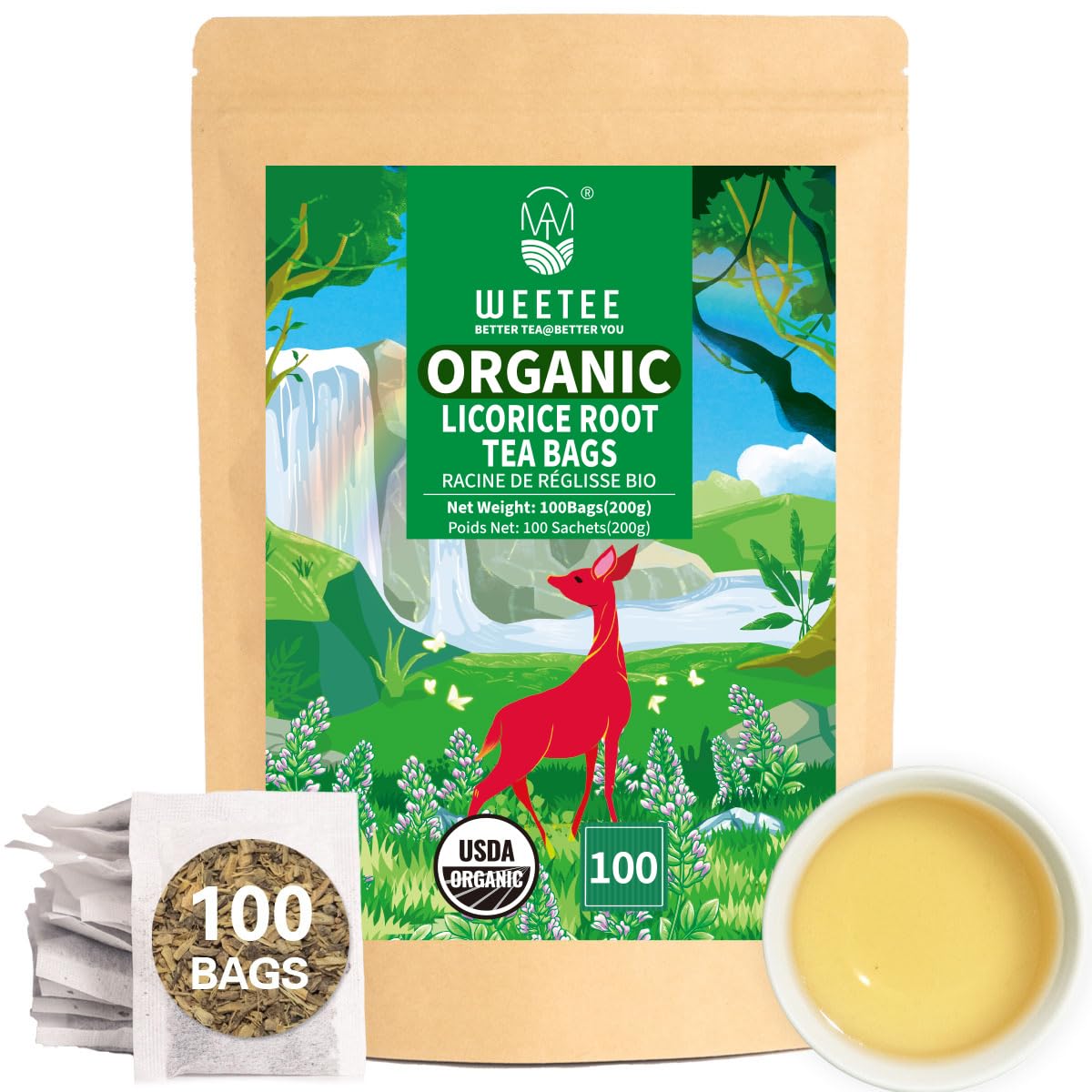 WT WEETEE Organic licorice root tea bags packaging highlights premium organic quality