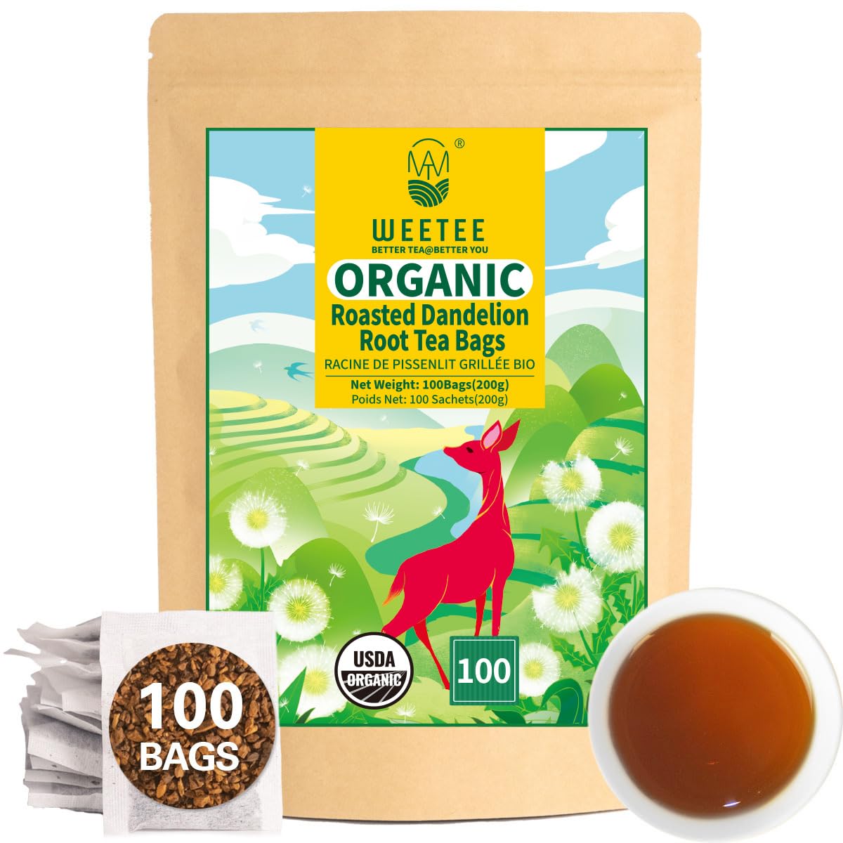 WT WEETEE organic roasted dandelion tea bags ready for caffeine-free ritual