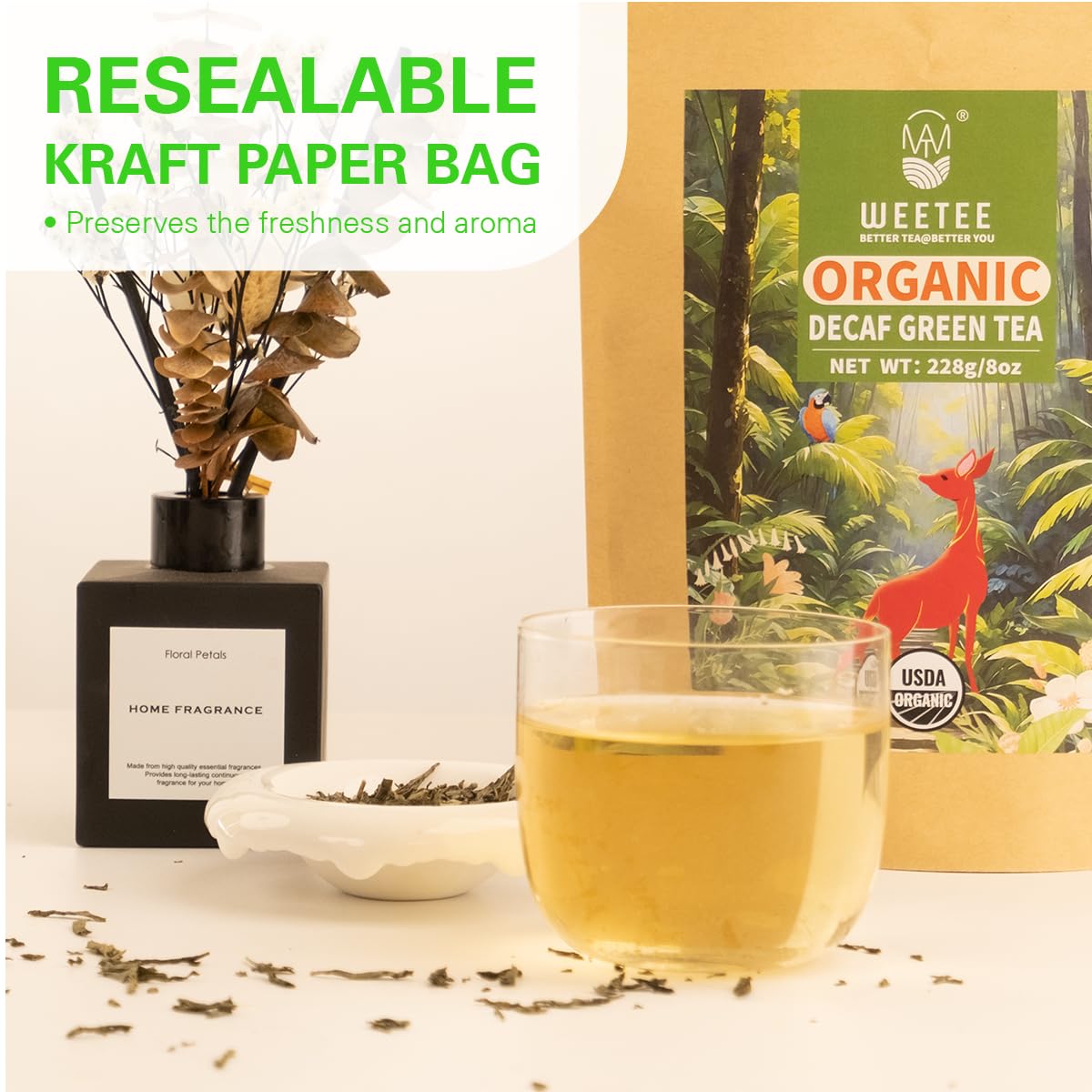Smooth, mild, sweet WT WEETEE decaf green tea with no bitterness