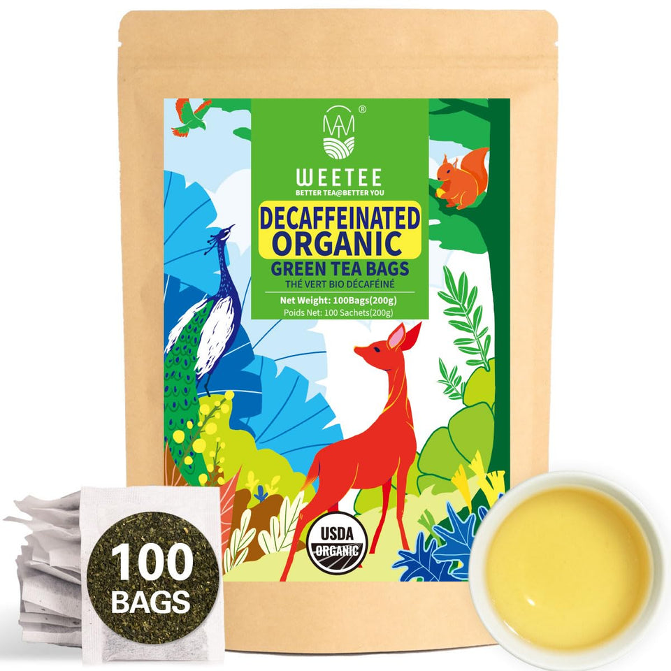 WT WEETEE Organic Decaf Green Tea Bags on shelf in eco-friendly packaging.