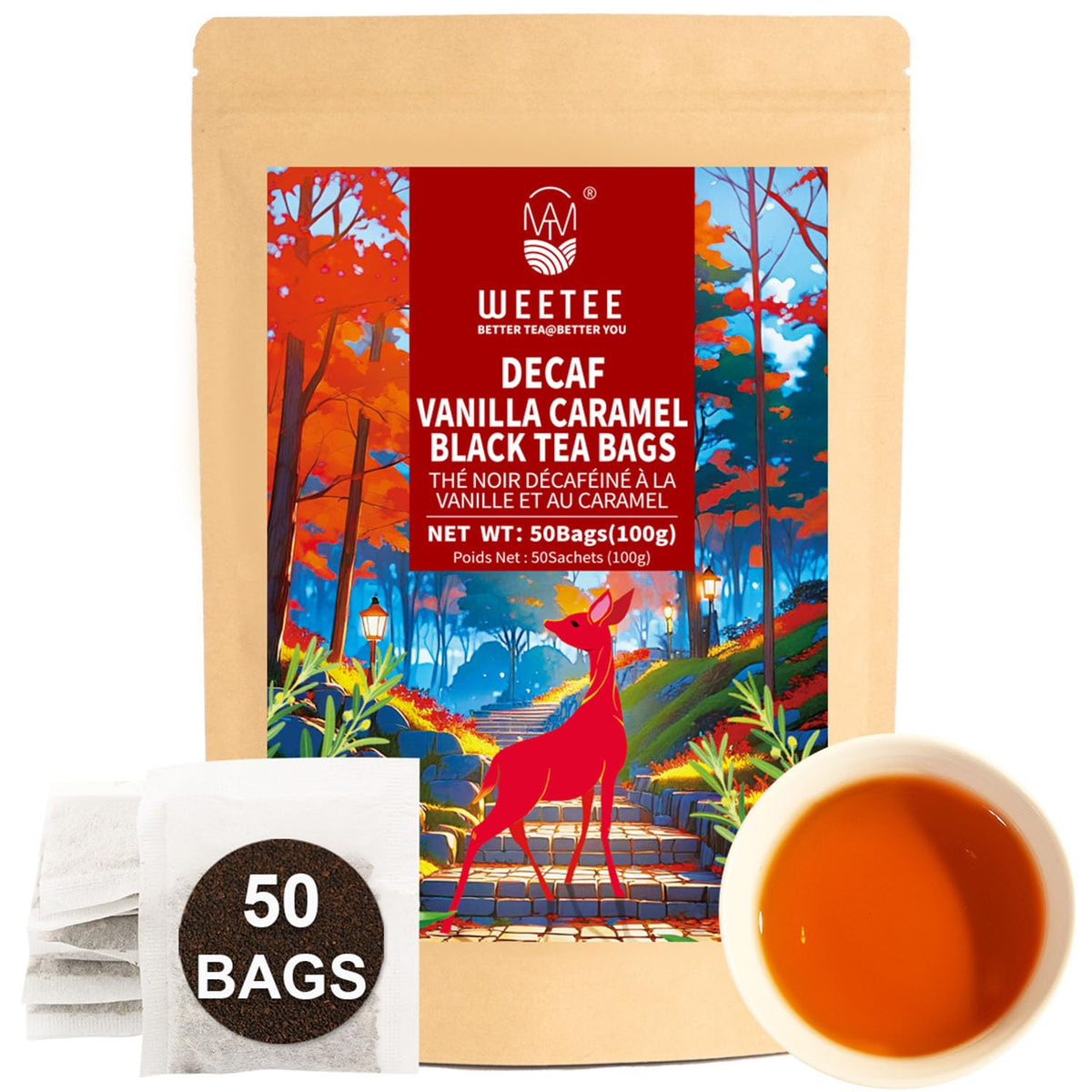 WT WEETEE decaf vanilla caramel black tea bags offer rich flavor without caffeine