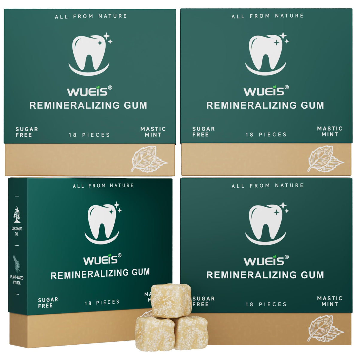 WUEIS remineralizing gum with hydroxyapatite for enamel-friendly daily use.