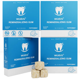 WUEIS Remineralizing Gum packaging shows a compact four-pack for on-the-go use