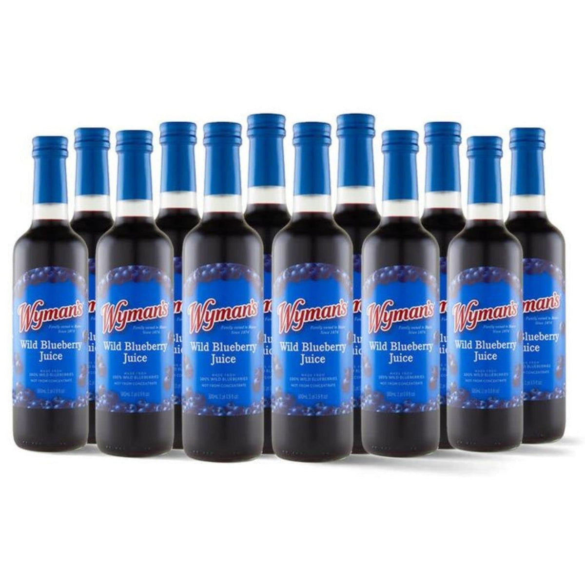 Wyman’s Wild Blueberry Juice bottle in a 12-pack, pure flavor.