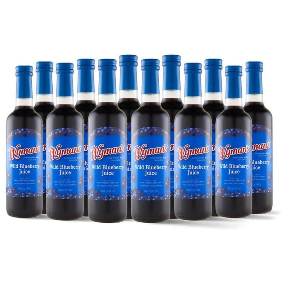 Wyman’s Wild Blueberry Juice bottle in a 12-pack, pure flavor.