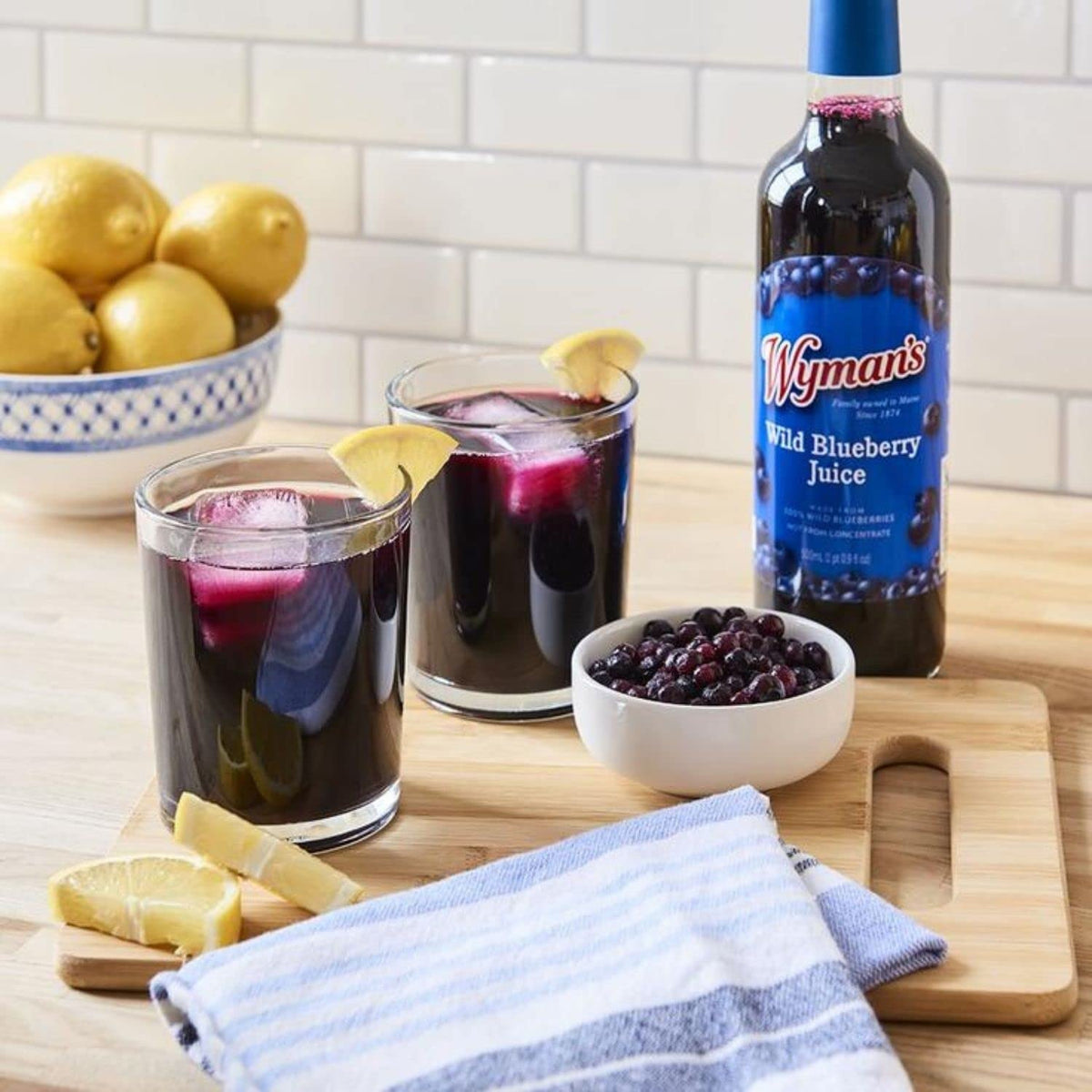 Close-up of Wyman’s Wild Blueberry Juice not from concentrate in glass.
