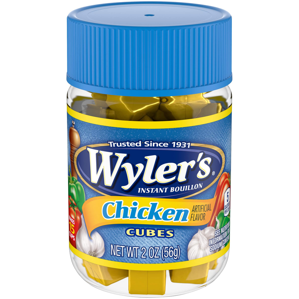 Wyler's instant bouillon chicken cubes in a jar on a shelf for quick flavor.