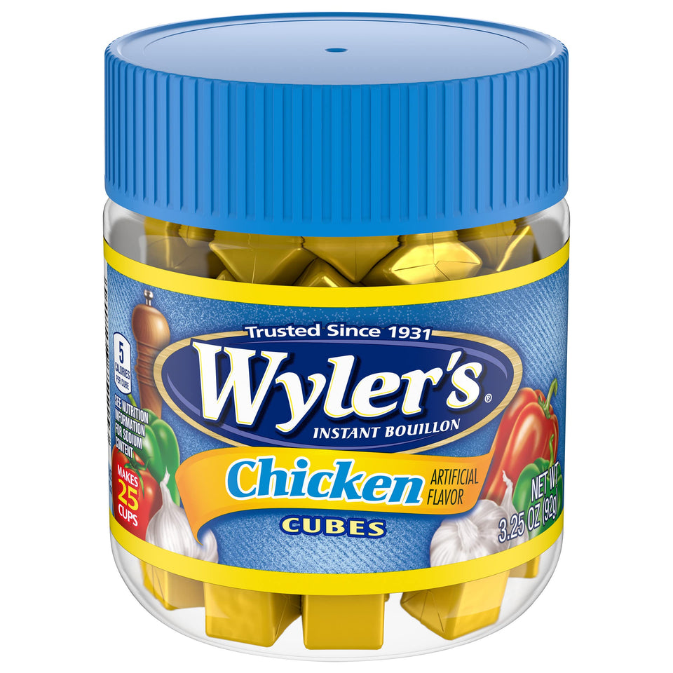 Wyler's Instant Bouillon Chicken Cubes front pack view for quick flavor boost.