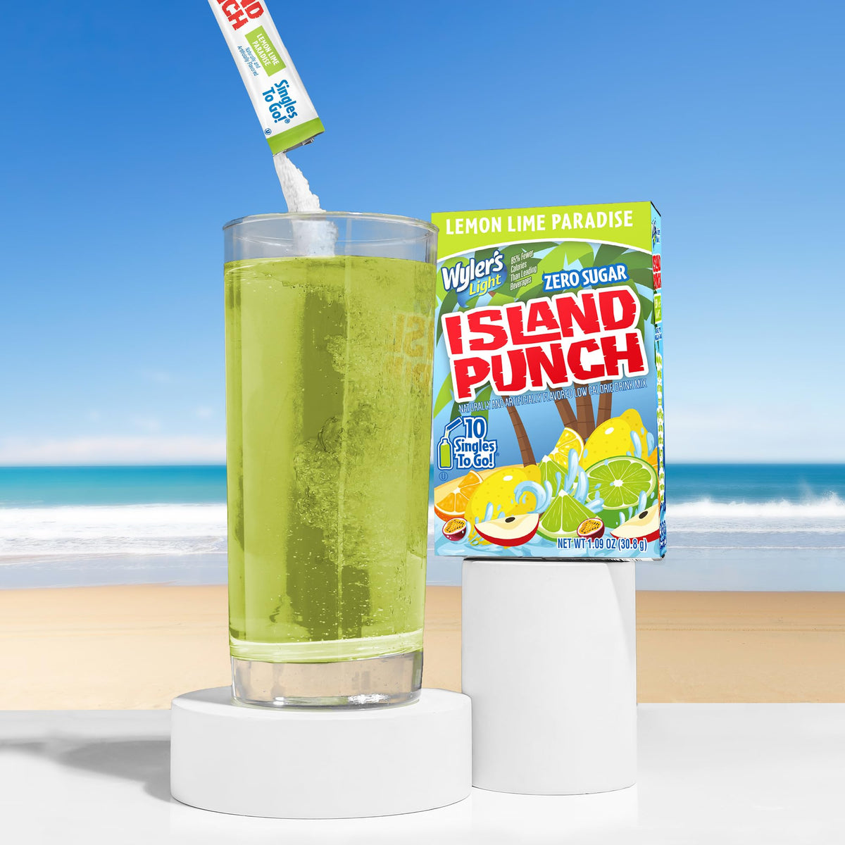 Wyler’s Light Blue Ocean Breeze in a glass with a vitamin C note.