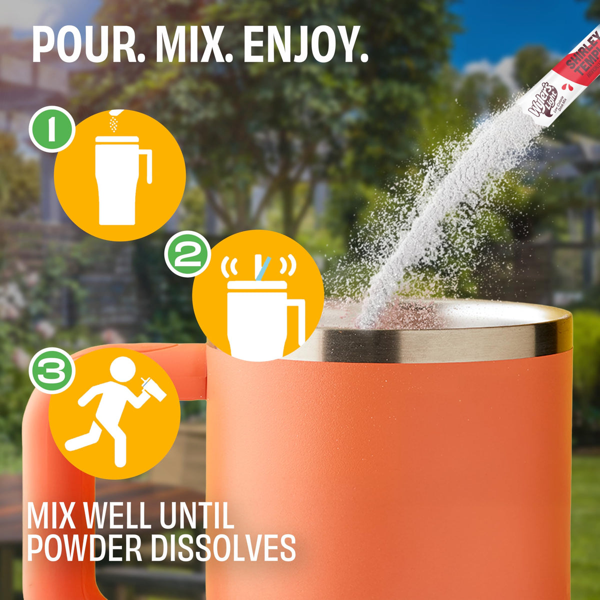 Wyler's Light dissolving water enhancer packet shows quick, spill-free flavoring in water