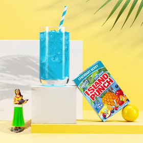 A single island punch stick dissolves in water, releasing tropical flavor.