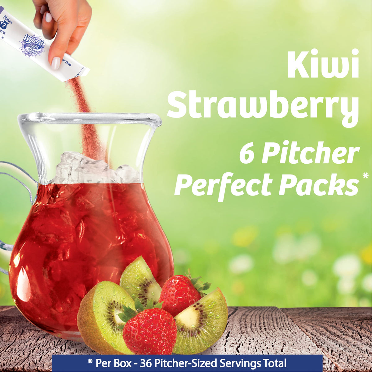 Kiwi Strawberry powder being poured into a glass for refreshment