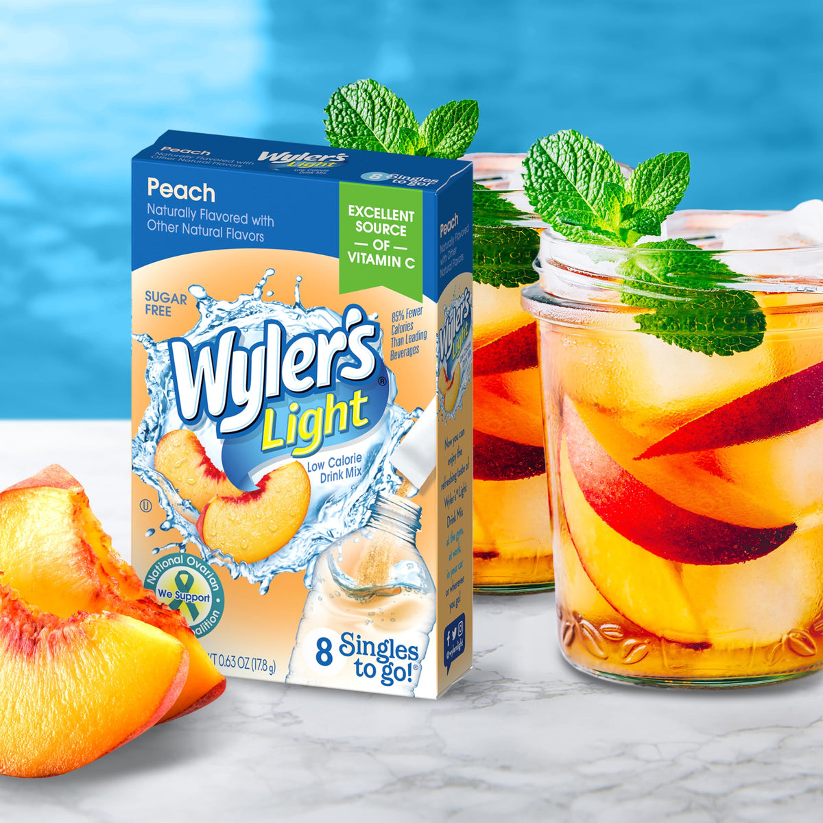 Wylers Light Peach bottle with powder dissolving for quick flavor