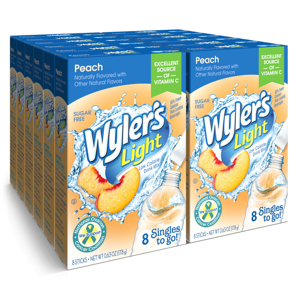 Wylers Light Peach singles-to-go box for easy hydration on the go