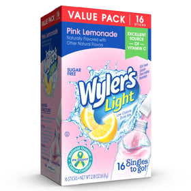 Wyler's Light Pink Lemonade packet closeup shows a sugar-free, low-calorie option.