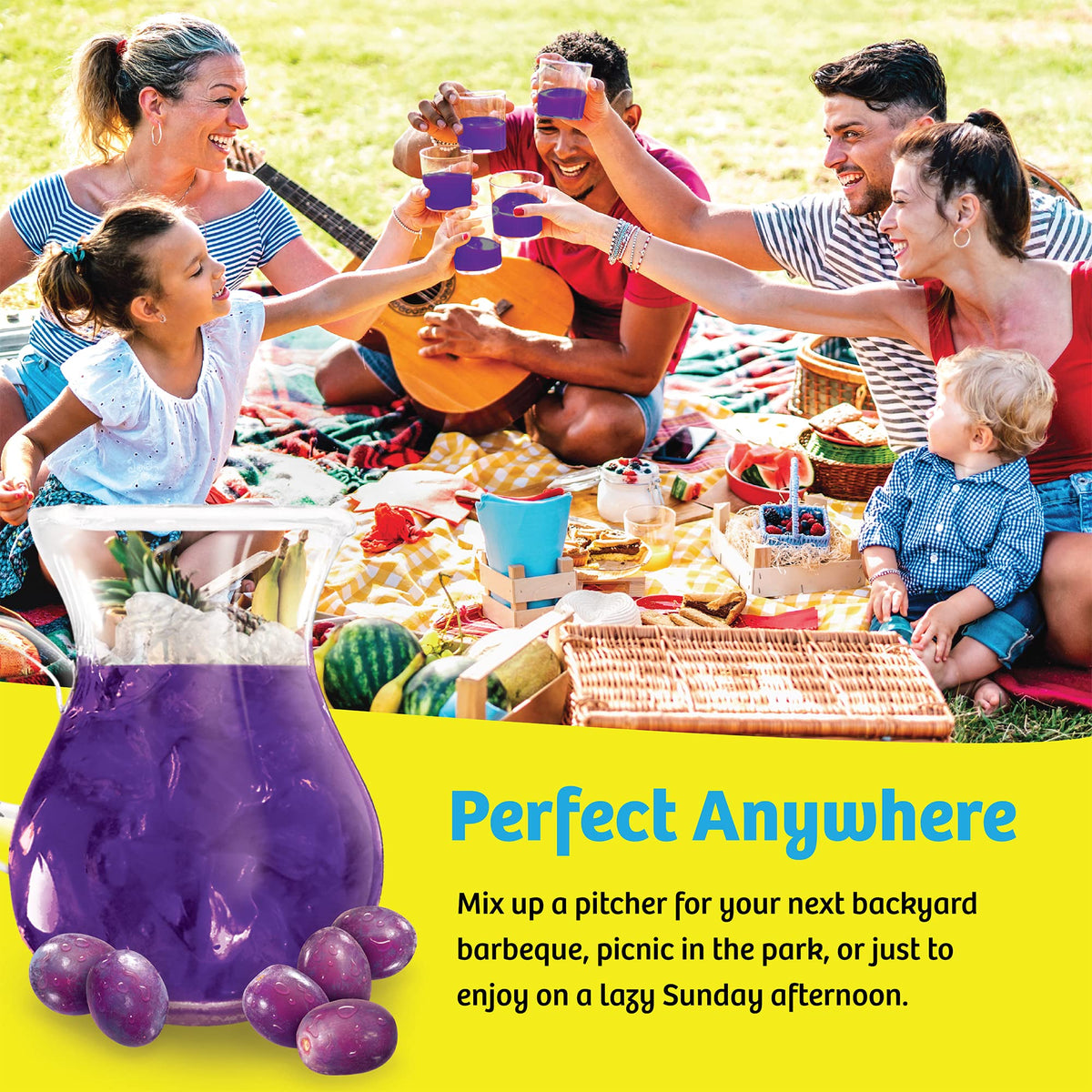 Pitcher filled with Wyler's Light grape flavor on the kitchen counter
