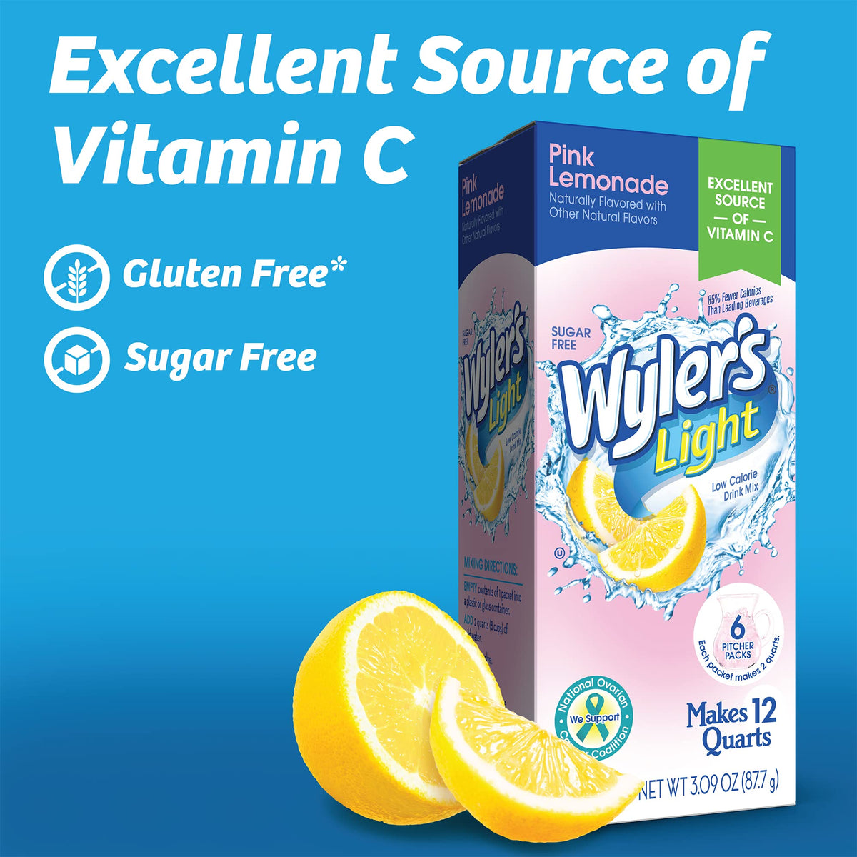 Wyler's Light pink lemonade glass offers refreshing, zero-sugar taste anytime.