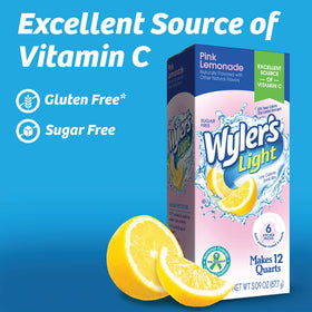 Wyler's Light pink lemonade glass offers refreshing, zero-sugar taste anytime.