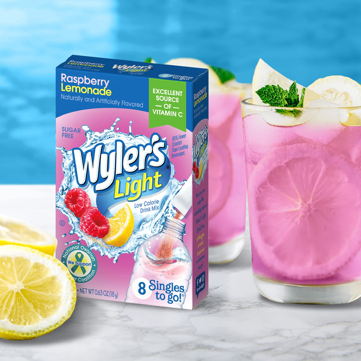 Wyler's Light Raspberry Lemonade packets closeup highlighting sugar-free option