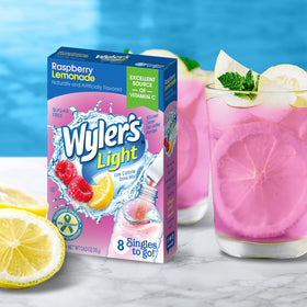 Wyler's Light Raspberry Lemonade packets closeup highlighting sugar-free option