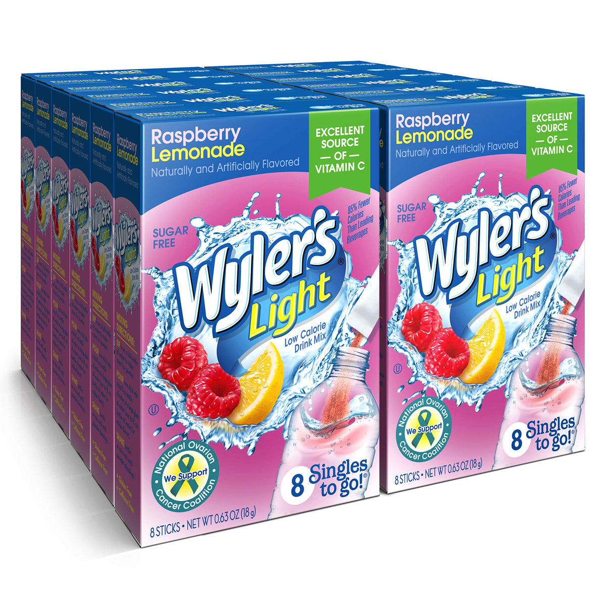 Wyler's Light Raspberry Lemonade packets front view for easy flavoring on the go