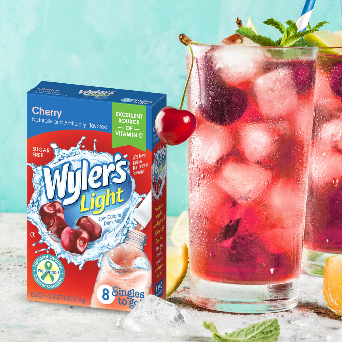 Wyler's Light Singles To Go Cherry box shows convenient, sugar-free packets.