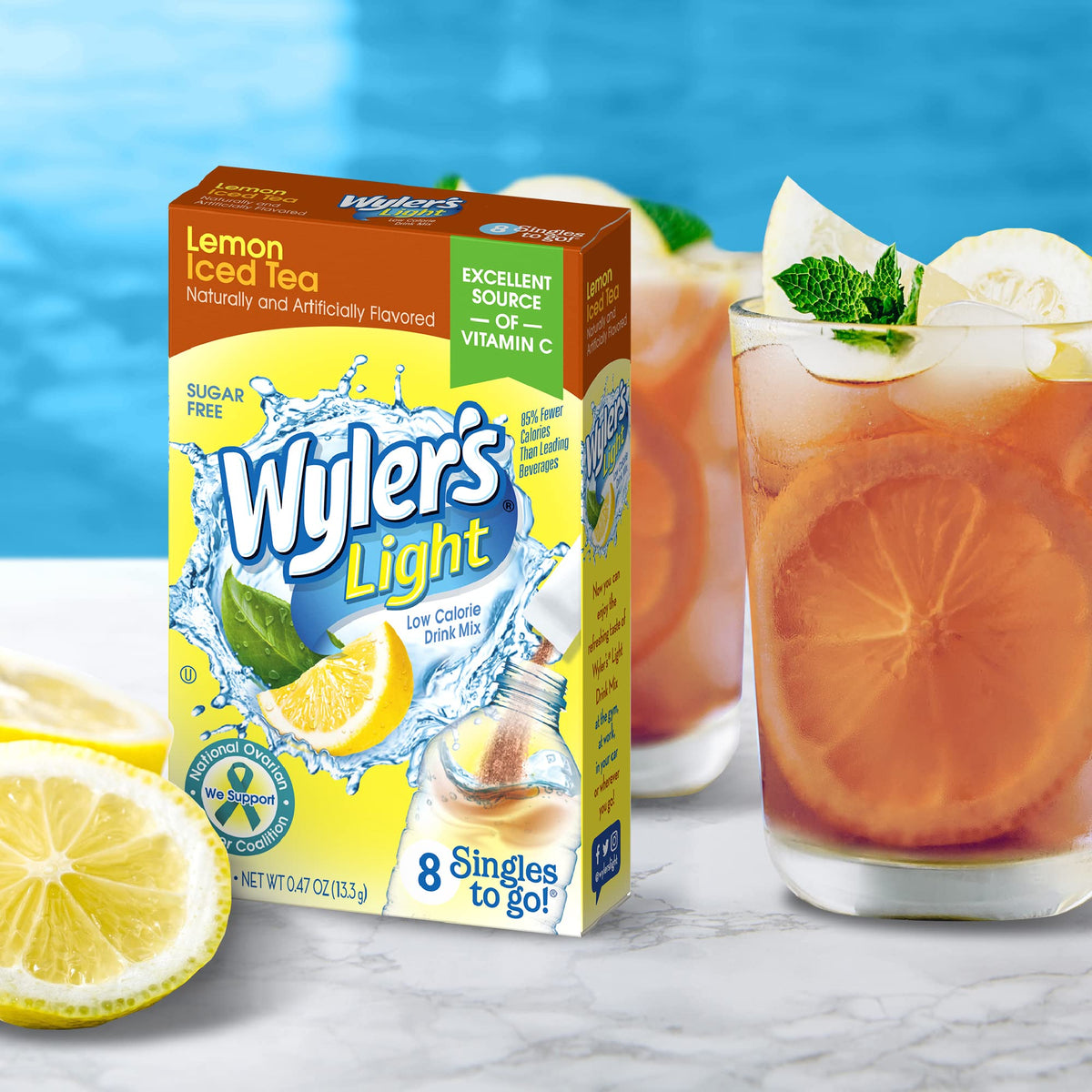 Wyler's Light Lemon Iced Tea case showing 12 boxes of singles