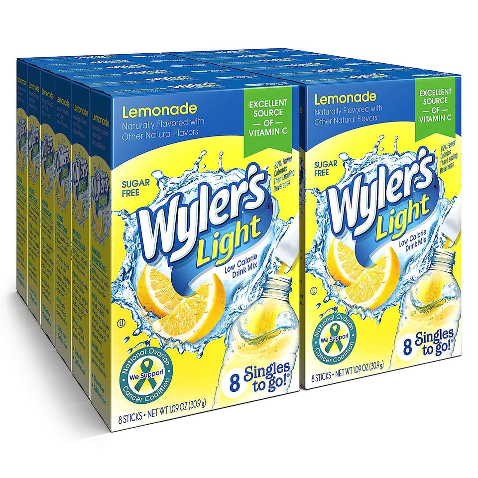 Wyler’s Light Lemonade case image shows 12 boxes for convenient daily hydration on the go
